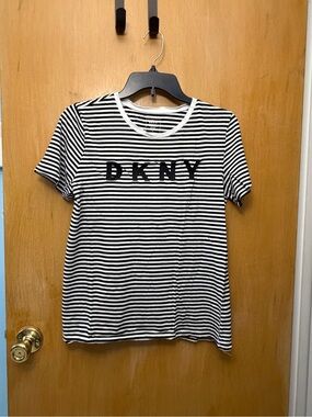 DKNY Black & White Striped Logo Tee